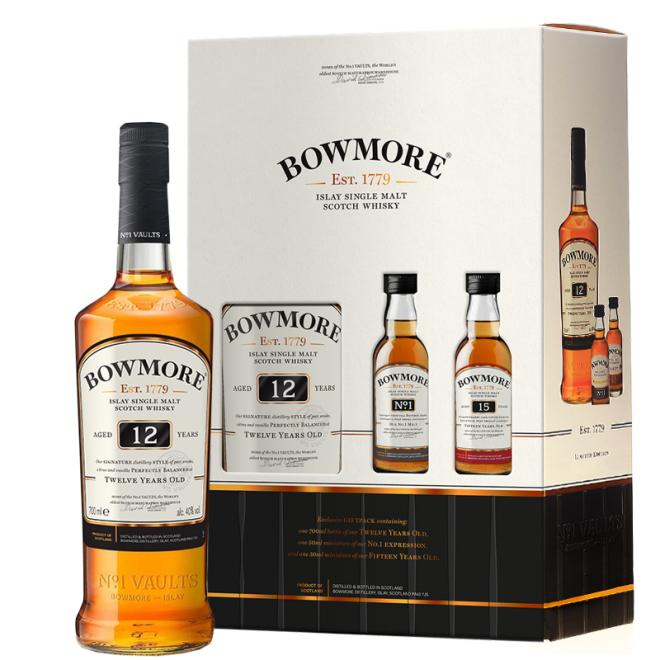 Bowmore The Legendary N°1 sada: Bowmore 12 Y.O. 0,7l 40% + 2 x 0,05l + kartón